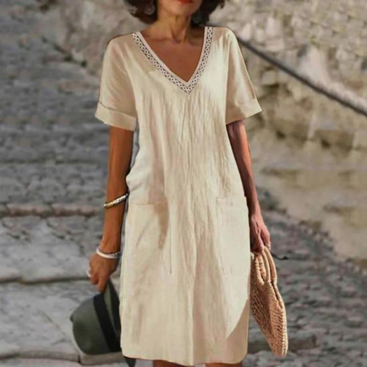Summer Casual Dress V Neck Short Sleeves High Waist Midi Loose Knee Length Daily Wear Solid Color with Side Pockets