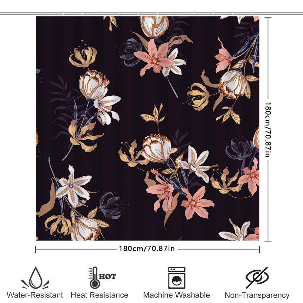 Black Floral Shower Curtain With Pink White Flowers Modern Design For Bathroom Decorations Size Options Available Made From Dura