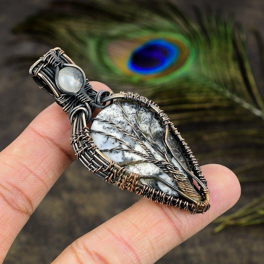 Dendrite Opal, Moonstone Gemstone Copper Wire Wrap Jewelry Pendant 2.80"