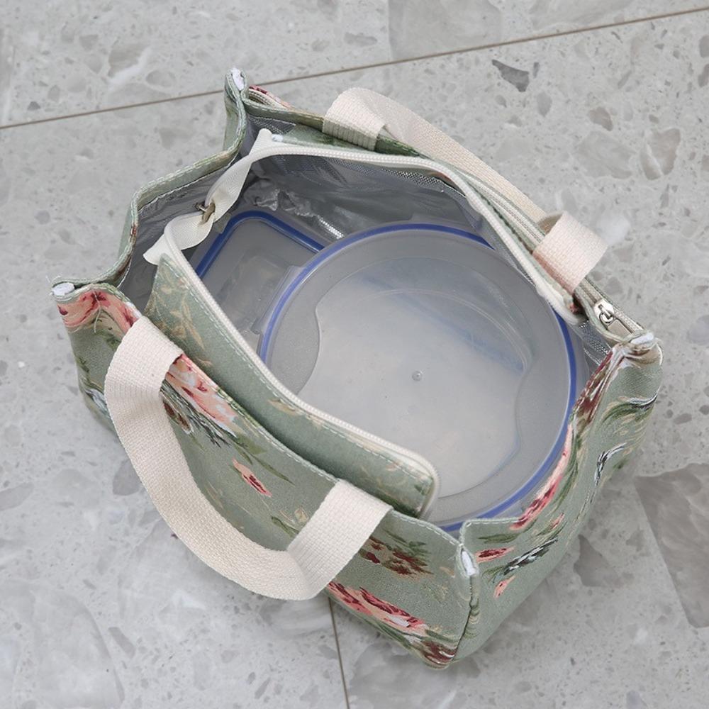 Portable Canvas Lunch Bag Floral Print Large Capacity Ice Bag Foil Lining Lunch Box Handbag for Women