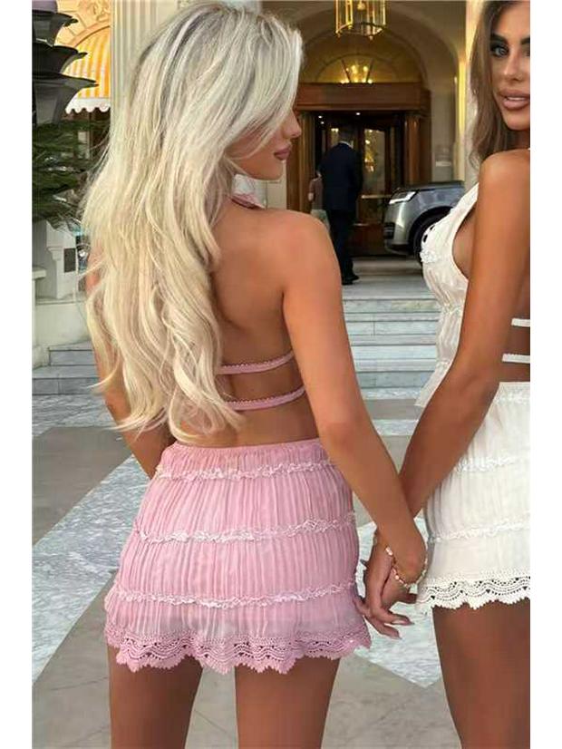 

2025 Women s Spring/Summer Backless Striped Ruched Lace-Up Bodycon Skirt Suit In Stock