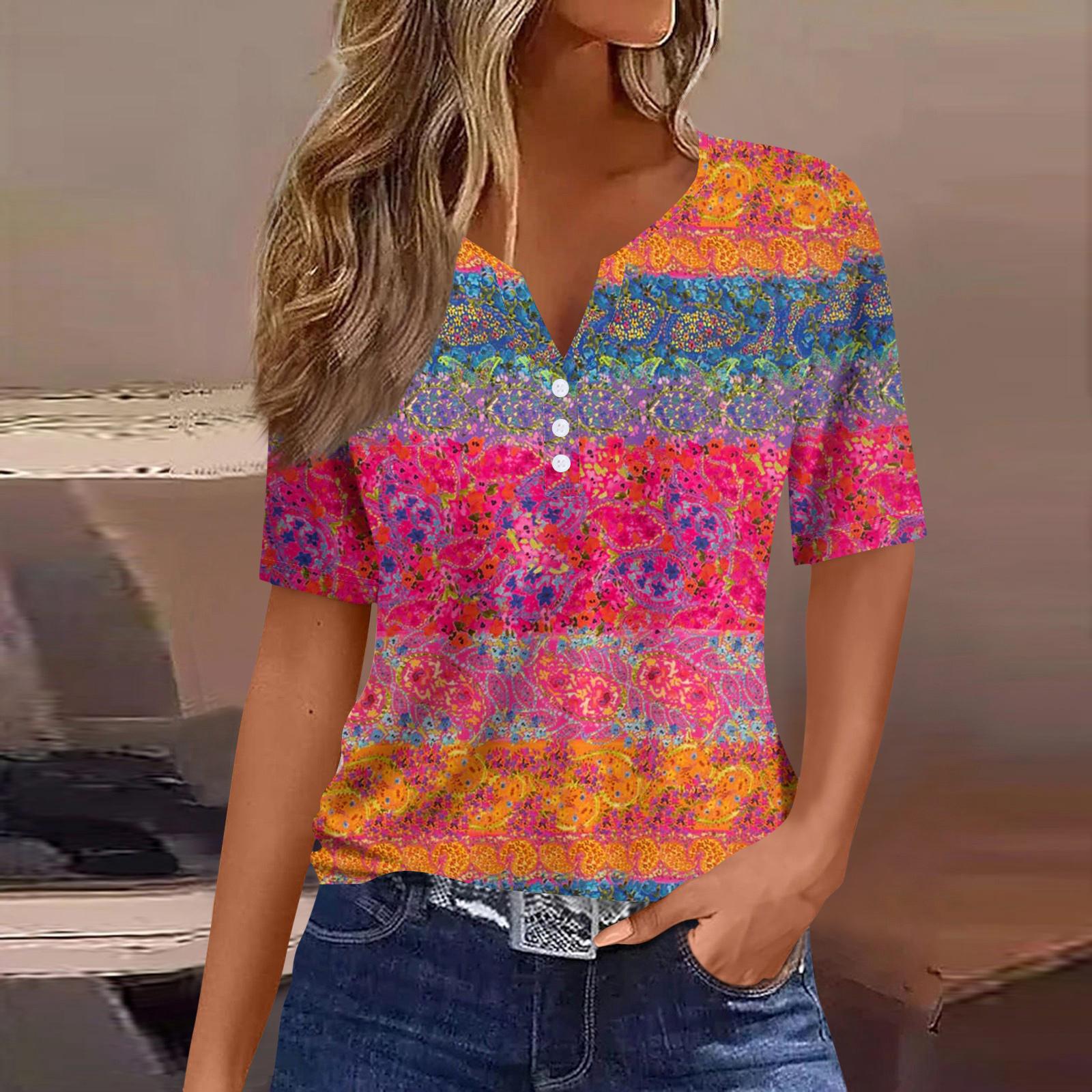 

Женская мода повседневный короткий рукав цветочный принт топ S