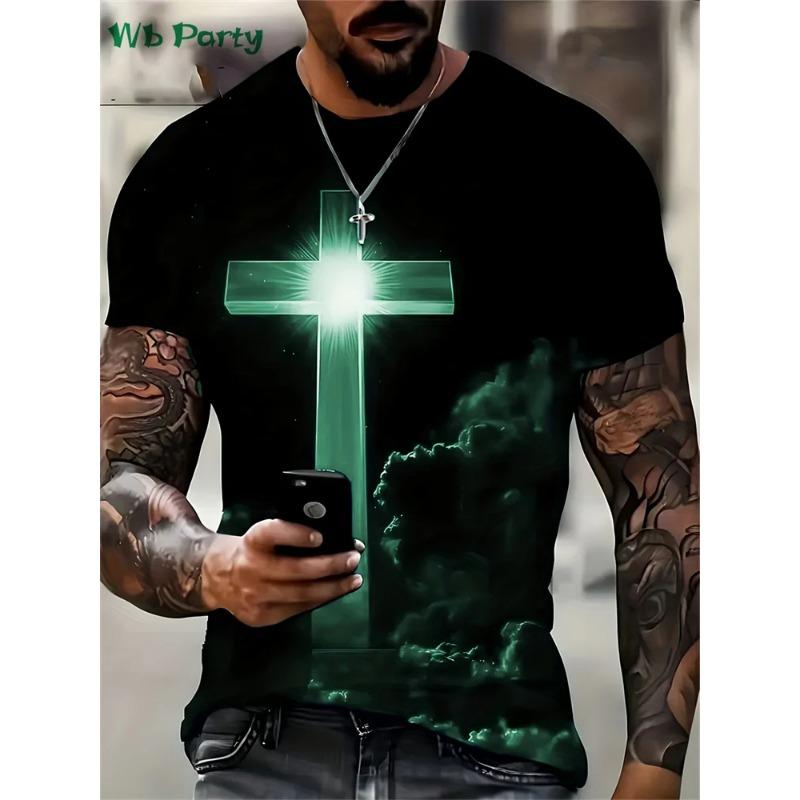 Fashion Crucifix 3D Print Mens Clothing Round Neck T-shirts for Men Casual Loose Men's Clothing Street T-shirts