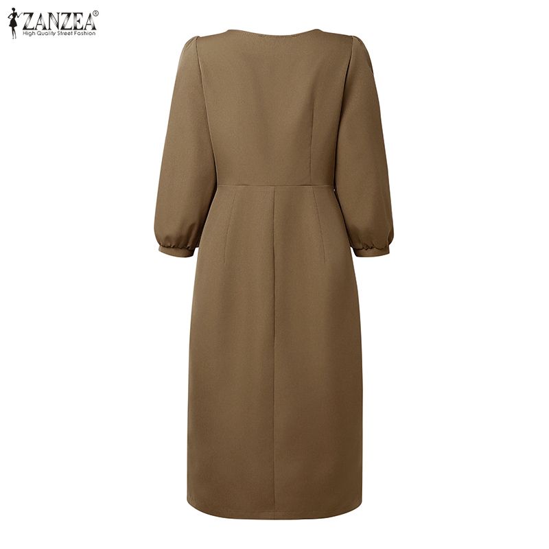 ZANZEA Women Casual V-Neck Solid Color 3/4 Sleeve Retro Dress