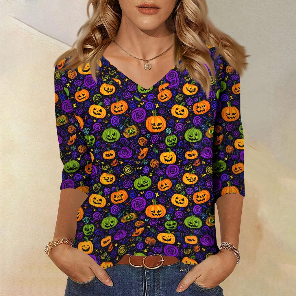 Women’s Casual Halloween Print V Neck Three Quarter Sleeve Top Loose Fit Pullover Blouse for Autumn Daily Wear