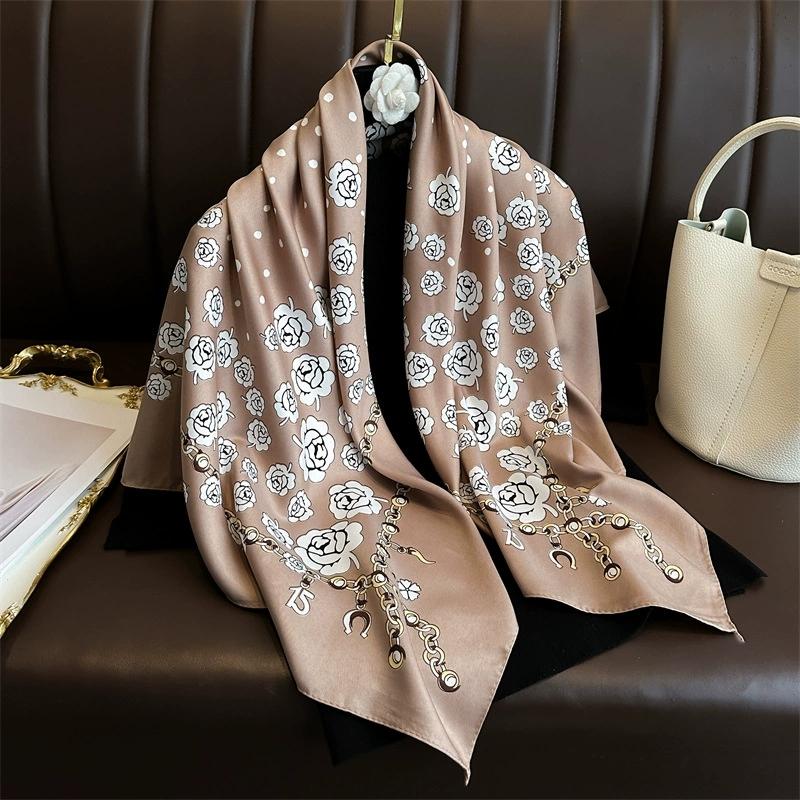90X90Cm Retro Floral Print Handkerchief Scarf For Women Small Shawl Square Headband Bandana Head Scarves