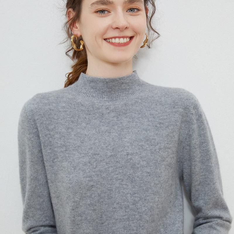 Женский свитер с высоким горлом на осень и зиму, 100% чистая шерсть, свободный тонкий свитер, однотонная кофта с длинным рукавом L серый