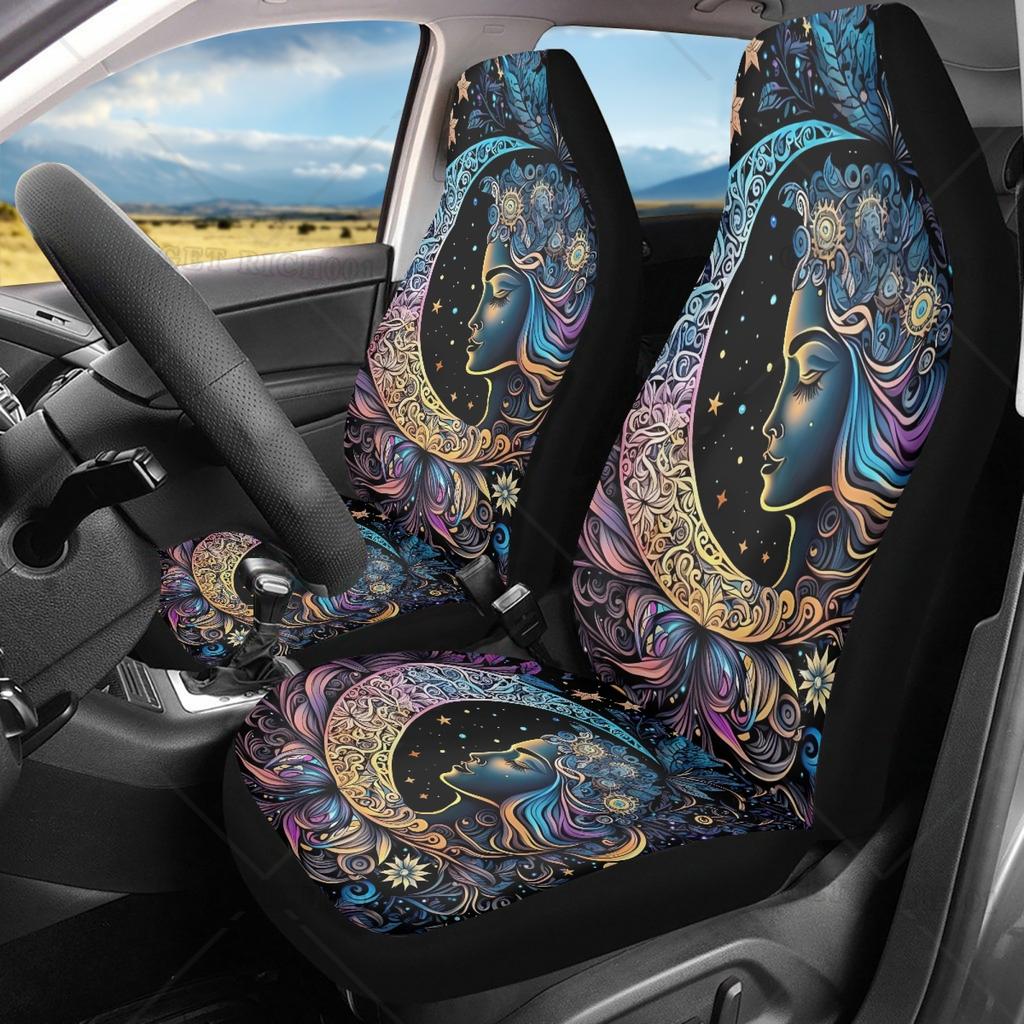 2-teilige Boho-Kunst Stern Mond Autositzbezüge für Männer und Frauen, waschbare Vordersitzschoner für SUVs