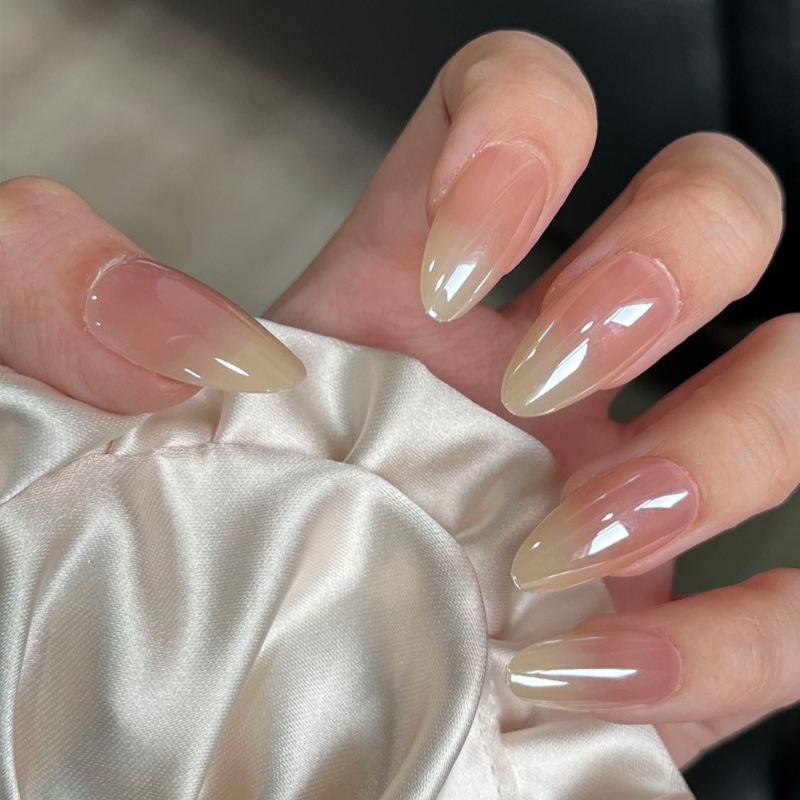 24Pcs Simple French Solid Color Press on Nails with Jelly Glue Ballerina Almond False Nails Detachable Full Cover Nail Tips Set