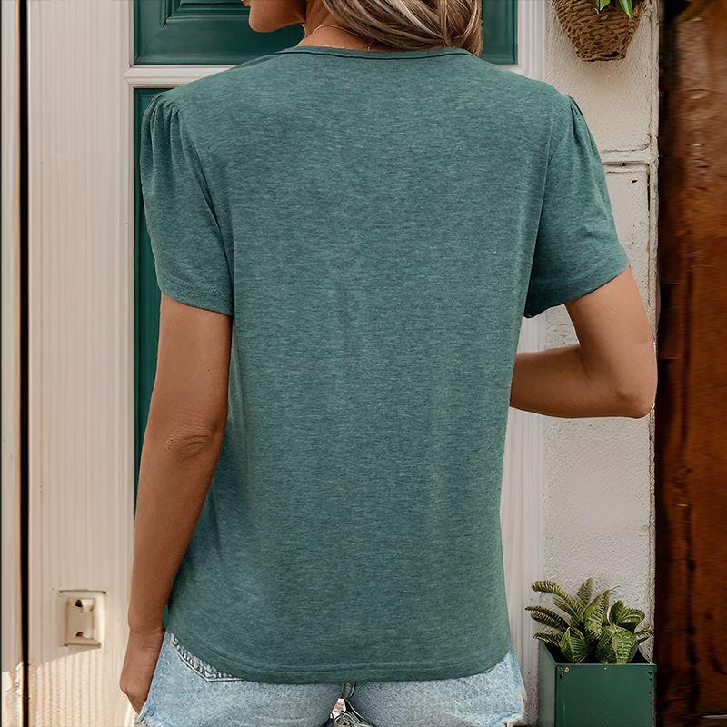 Summer Women's T-Shirt Layered Sleeve V-Neck Solid Colour Short Sleeve Top