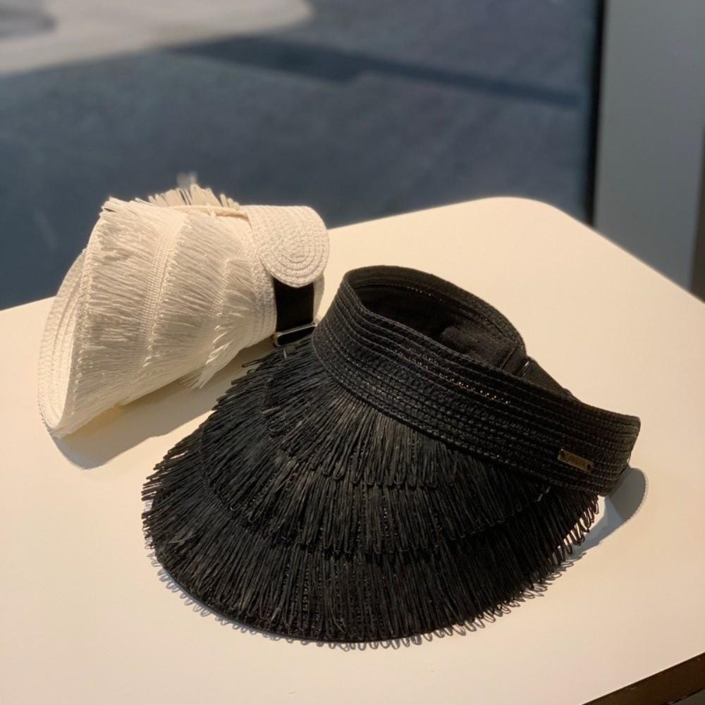 Tassel Sun Hat Wide Brim Empty Top Sun Hat Fashion Straw Hat  Women's