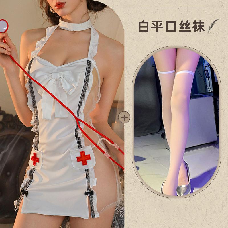 Lingerie Suspender Lace Perspective Nurse Hot Sexy Passion Bed Bow Uniform Cover