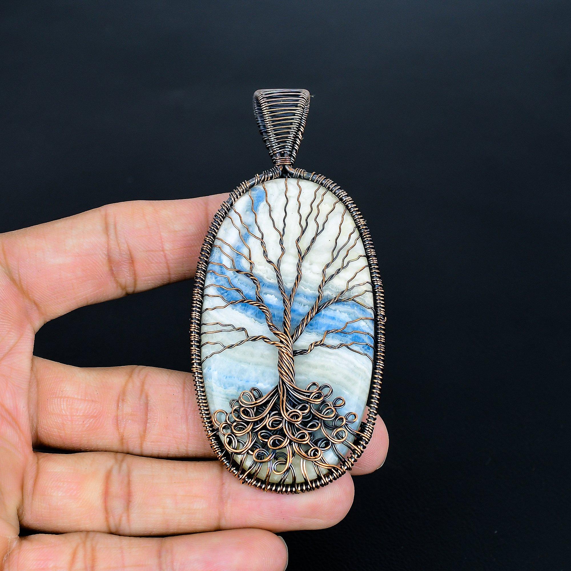 

Blue Scheelite 999 Copper Wire Wrap Pendant, Handmade Gemstone Tree Of Life Pendant Jewelry, Gifts For Wife Brand New Pendant 3.82 Inches