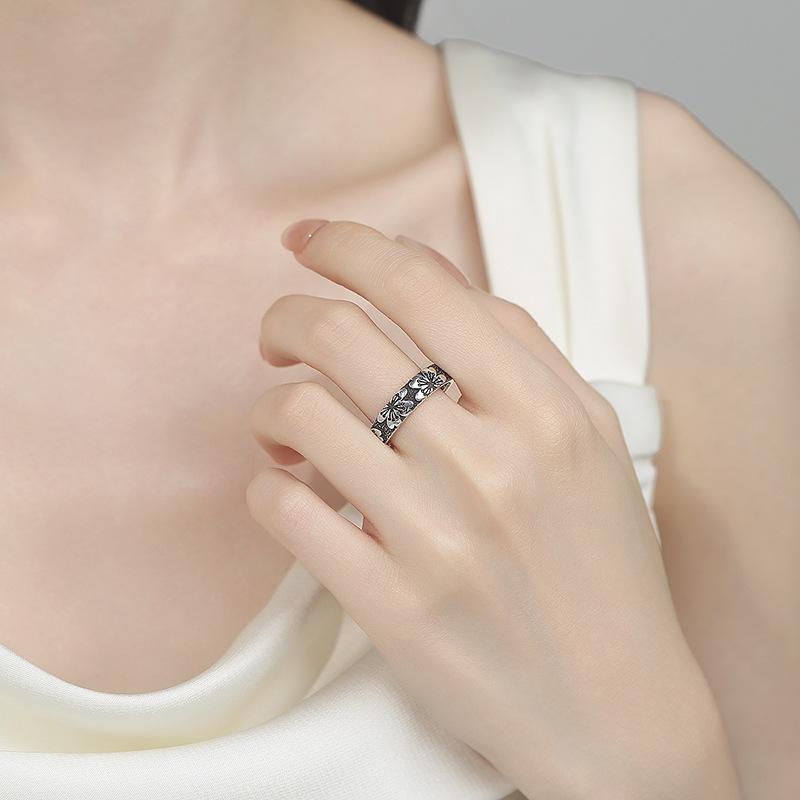 2026 Chinese Style Retro Niche Design Cherry Blossom Ring Silver-plated Men's and Women's Personalized Single Opening Adjustable Ring Plain Ring