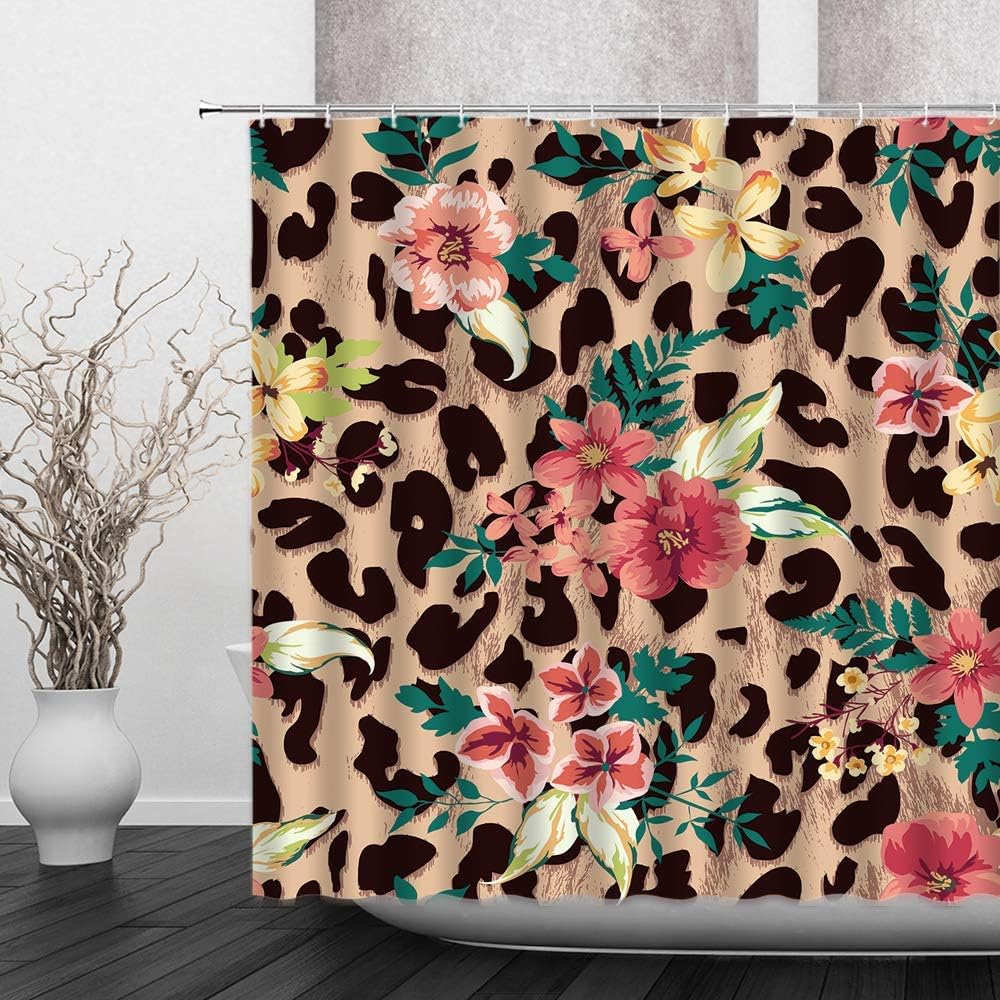 Leopard Flower Shower Curtain Retro Leopard Print Mixed Pink Flowers Creative Bathroom Home Decorative Shower Curtain 12 Hooks,