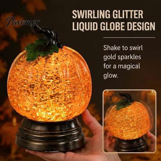Autumn Home Decor Pumpkin Snow Sphere Lamp, Glitter Lighted Ornament, Fall Table Sparkling Resin Sculpture Centerpiece with Warm LED Lights