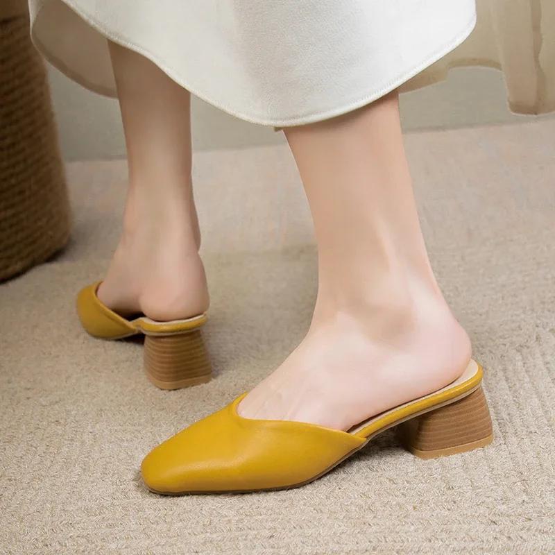 Fashion Baotou Slippers Women's 2025 New Korean Fashion Solid Color Leather Face Thick Heel Fairy Style Slippers Zapatillas De Mujer