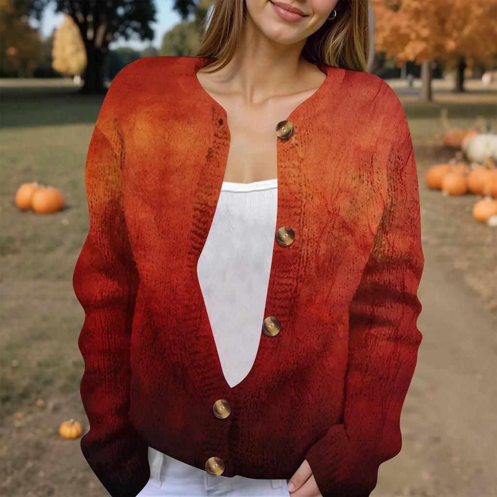 Women's Fashion Printed Long Sleeve Knitted Cardigan Button Down Jacket