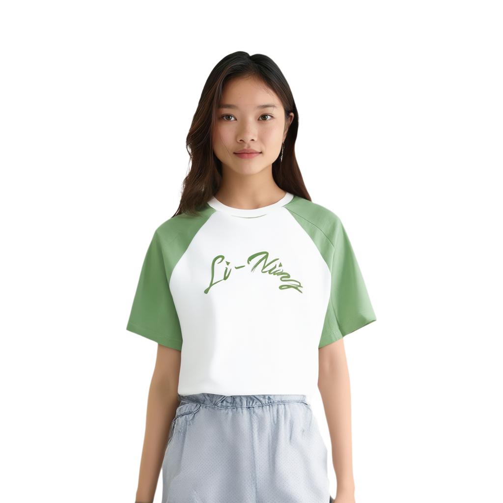 Li-Ning Fitness Series Spliced Letter Round Neck Loose Short Sleeve Raglan T-Shirt Women Tops Standard-White Stone-Green ATSU462-1