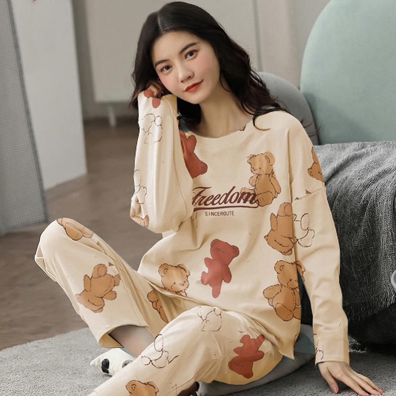 Women 2PCS Set Pajamas Girl Long Sleeve Tops Pants Printed Pyjama Femme Cute Home Ladies Sleepwear