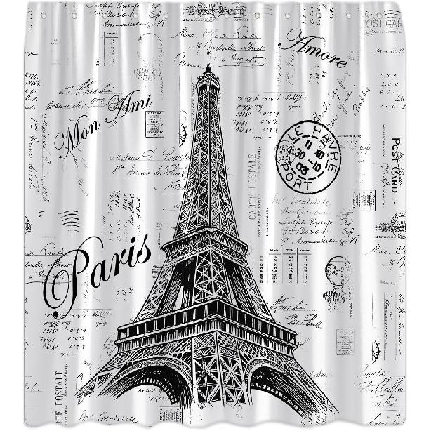 Eiffel Tower Shower Curtain Retro Hand-Painted Postmar Seal France Romantic European Paris City Architectural Cultural 70" L x 70" W Bathroom Decor