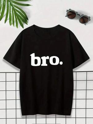 1pc Tween Boy BRO Letter Print Round Neck Short Sleeve TShirt Young Student Casual Tee Top Casual Top Childrens Clothing