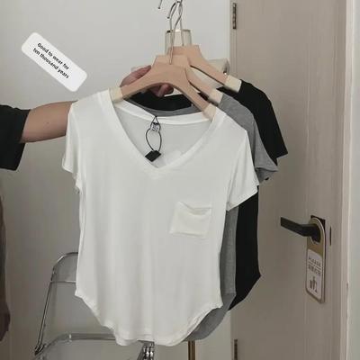 Koszulka damska z dekoltem w serek, modal cotton draped – luźna, koreańska koszulka na lato z krótkim rękawem