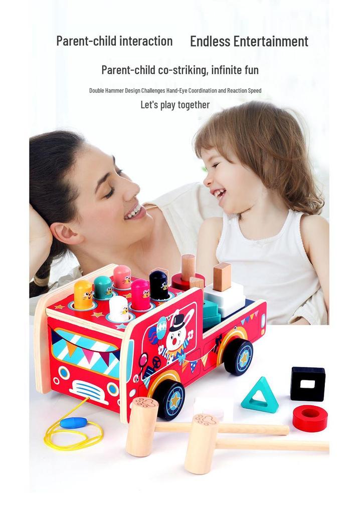 Wooden Cartoon Pull-Along Car & Whack-a-Mole Shape Matching Toy