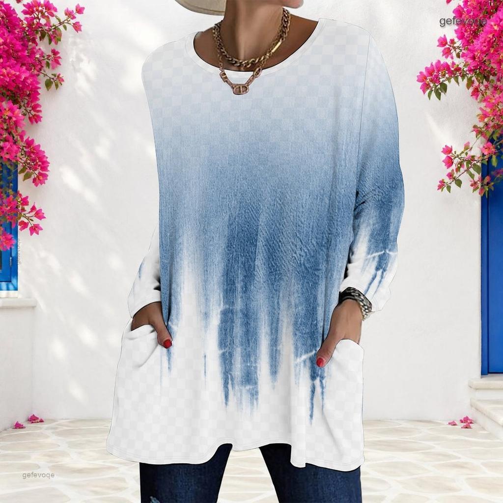 Women Plus Size Round Neck Long Sleeve Printed Loose Longline T Shirt With Pockets