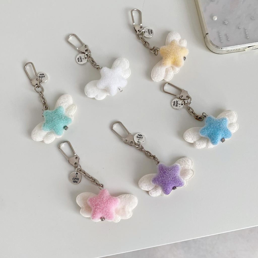 Fuzzy Flocking Star Keychain with Angel Wing Pendant Soft Stylish Fashionable Accessory For Phone Keys Bag Gift