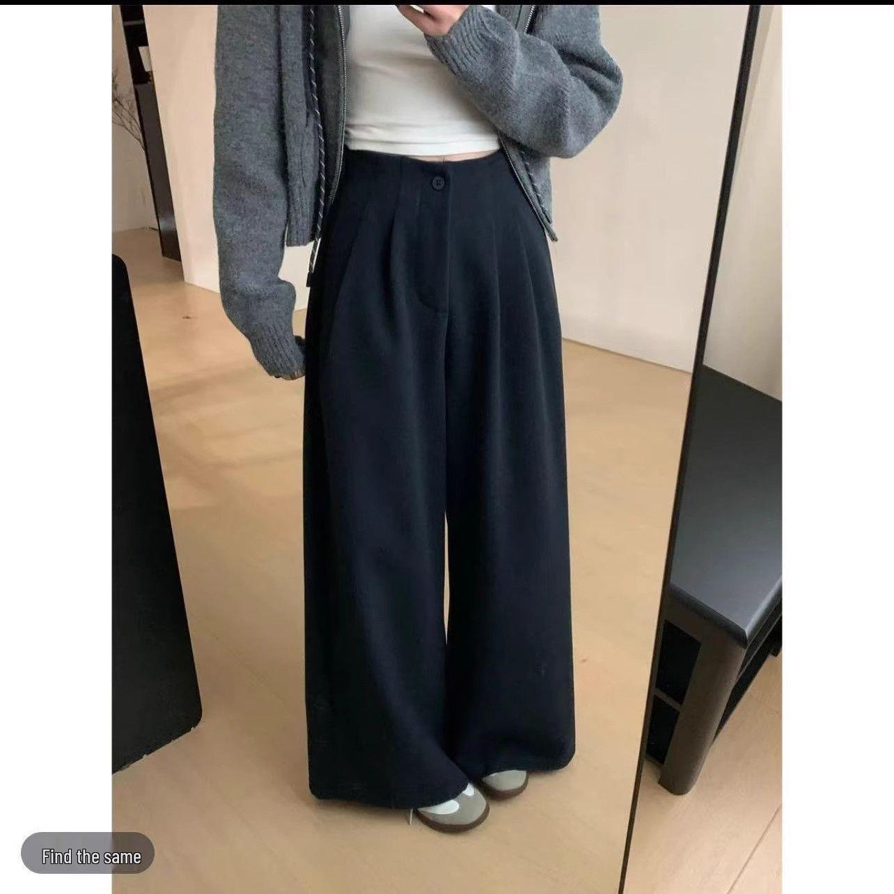 

Women s Deep Gray Wool Blend Wide-Leg Pants - Autumn/Winter Drape Loose Casual Thick Long Pants S (80-95 lbs)