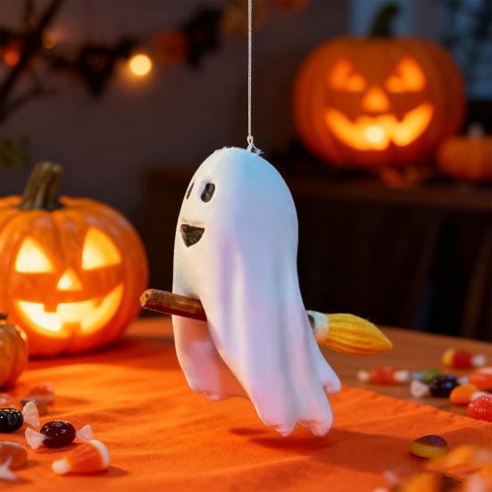 Halloween Ghost Figurine Cute Small Ghost Riding Broom Statue Mini Plastic Ghost Halloween Tabletop Decor for Tiered Tray Bookshelf Desk Decor