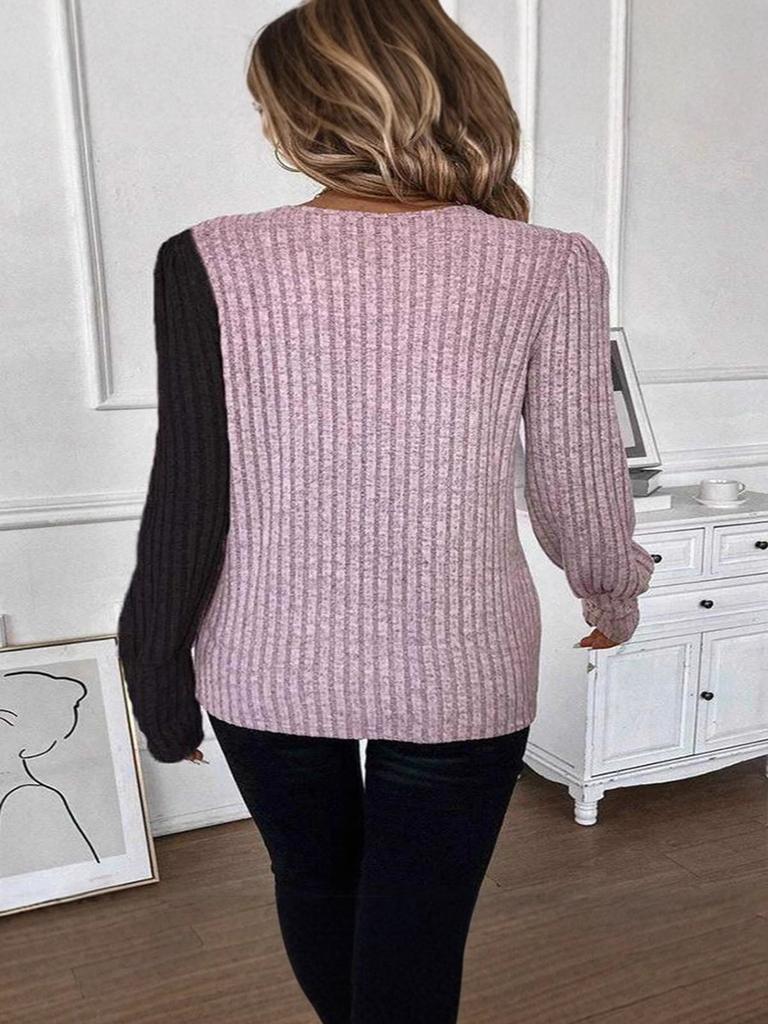 New Style Round Neck Color Block Hole Knit Long Sleeve T-Shirt for Spring and Autumn