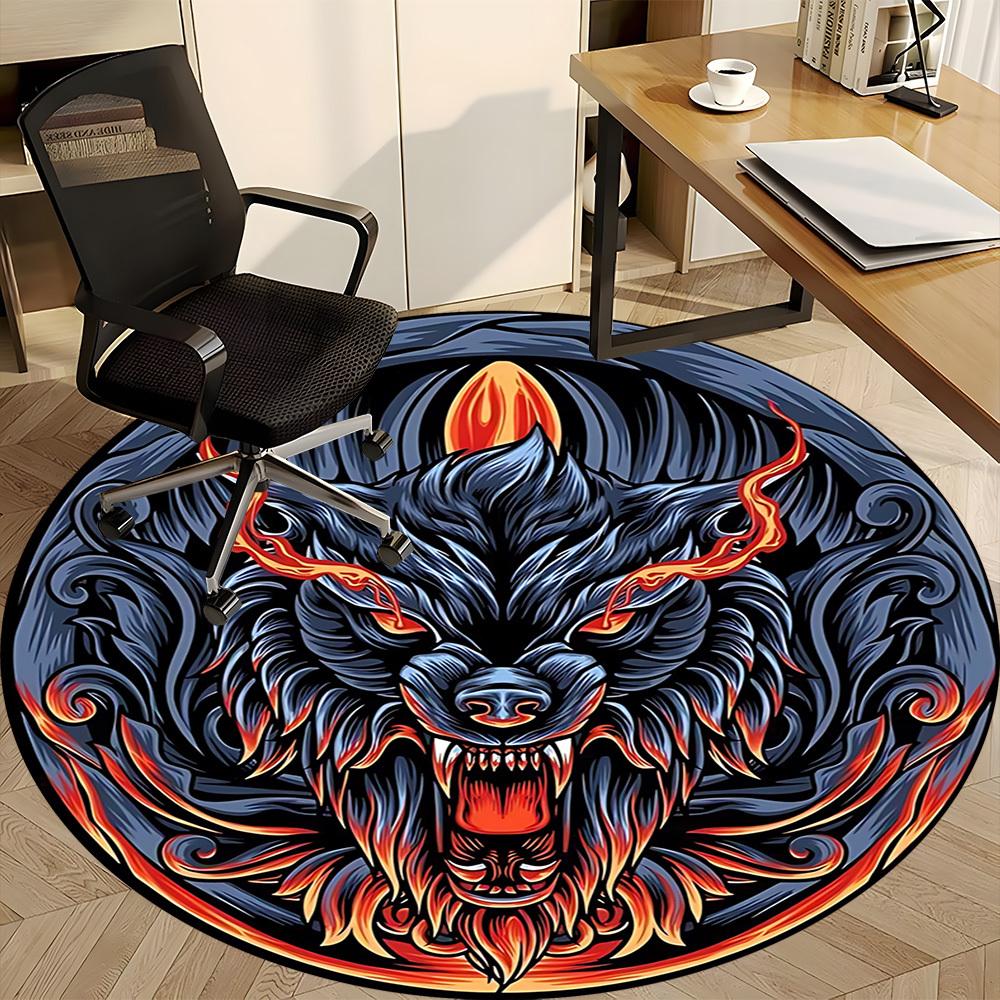 1 Stück Wolfskopf Design Stuhlteppich für Büro, Runder Rutschfester Langlebiger Großer Büroteppich, Geeignet für Büro