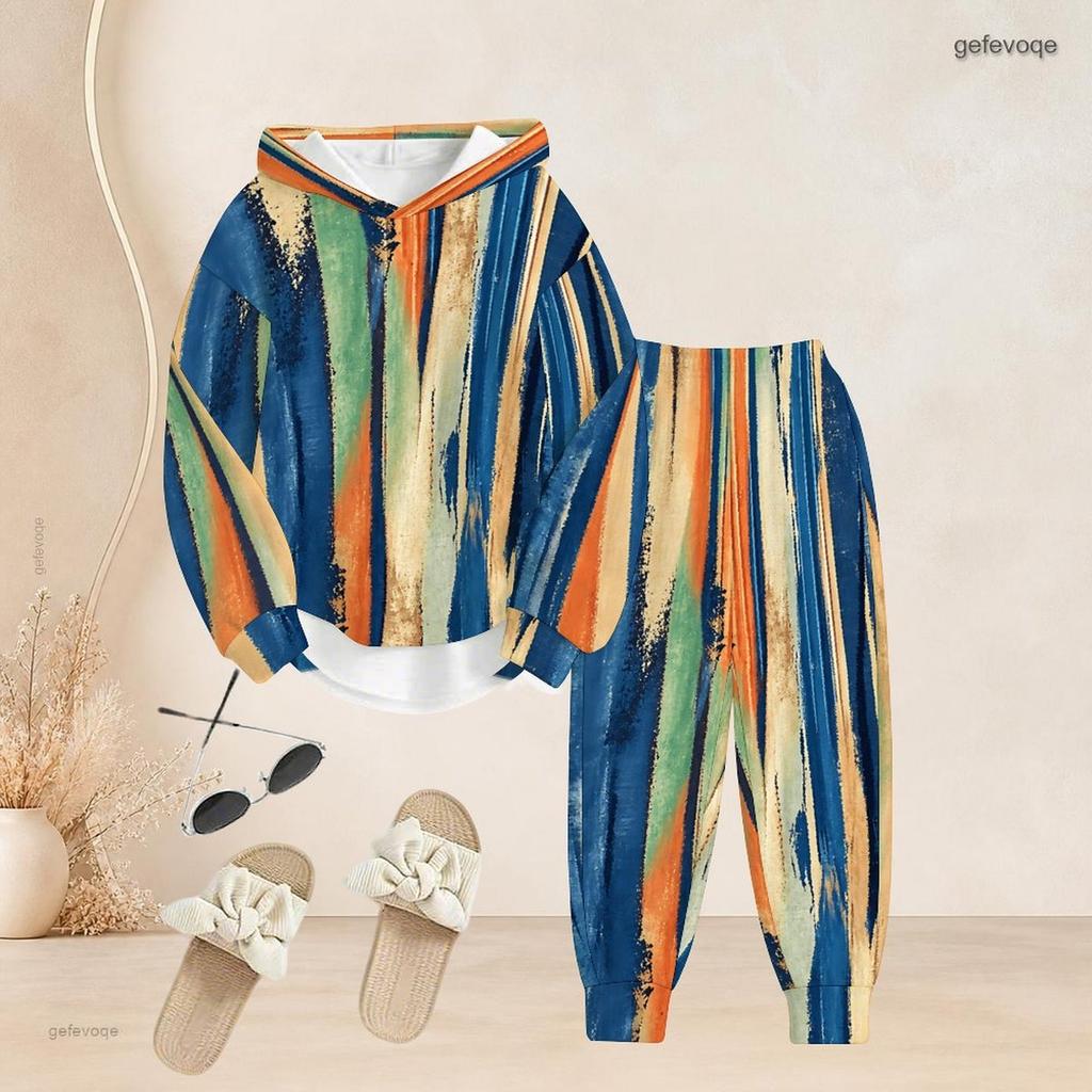 Women Plus Size Blue Pink White Printed Two Piece Set Long Sleeve Hooded Top Cuffed Pants