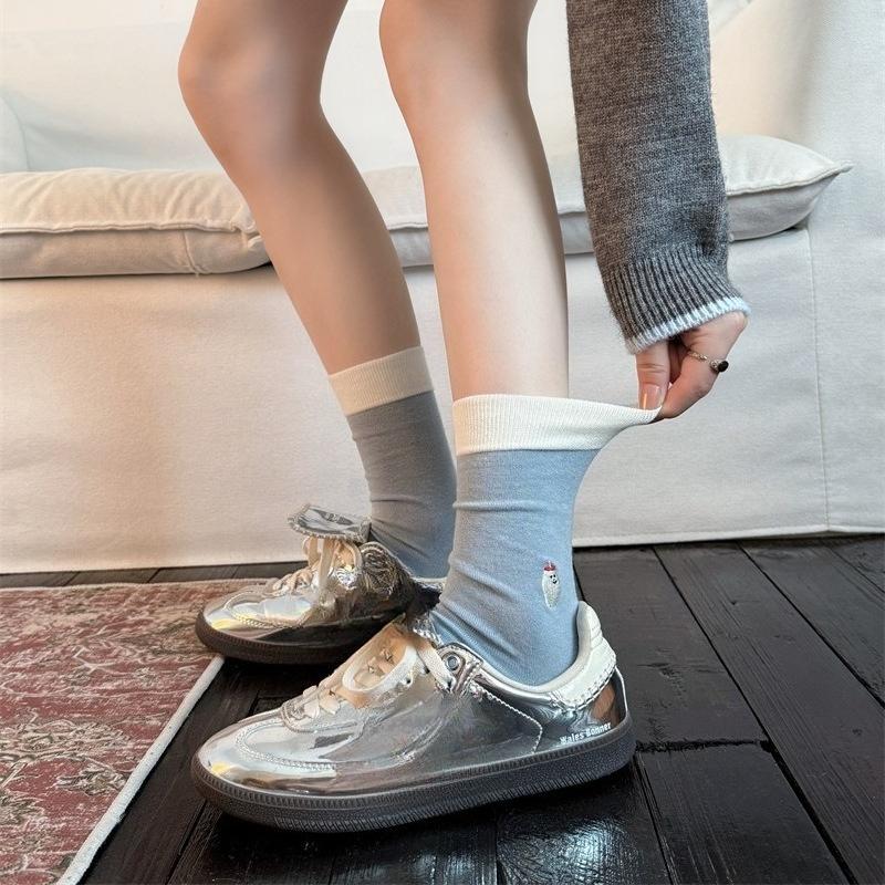 Color-blocking Cartoon Embroidered Socks, Women's Mid-calf Socks, Small Animal Color-blocking, Trendy and Individualistic Pure Cotton Long Socks
