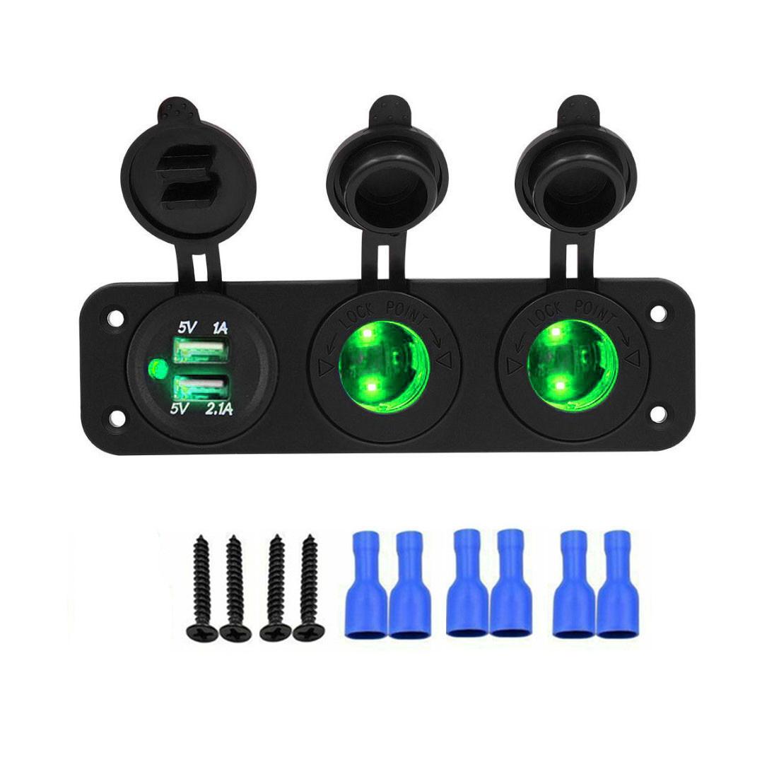 

3 IN 1 Panel Dual Power Socket 3.1A Dual USB Car Charger Power Outlet Adapter Waterproof for Boat Camper Caravans зелёный