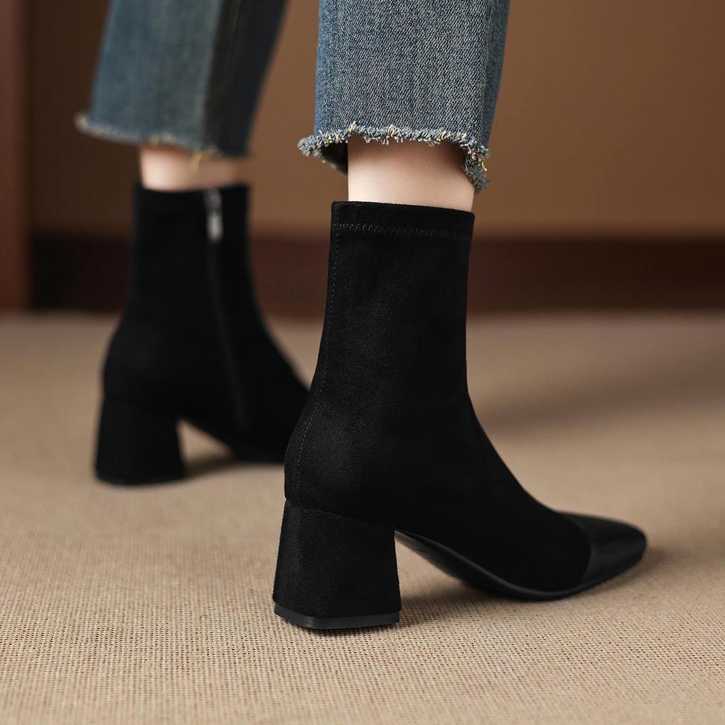 Krazing Pot Microfiber Winter Round Toe Western Boots Thick High Heels Zipper Women Flock Patch Work Ankle Boots