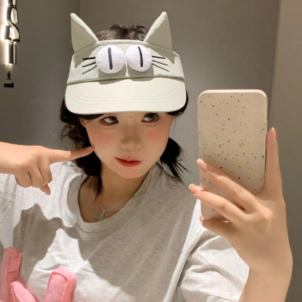 Quick-drying Fabric Big Eyes Cat Visor Cap Sun Protection Cat Ears Sun Hat Kitty Hollow Hat  Girls