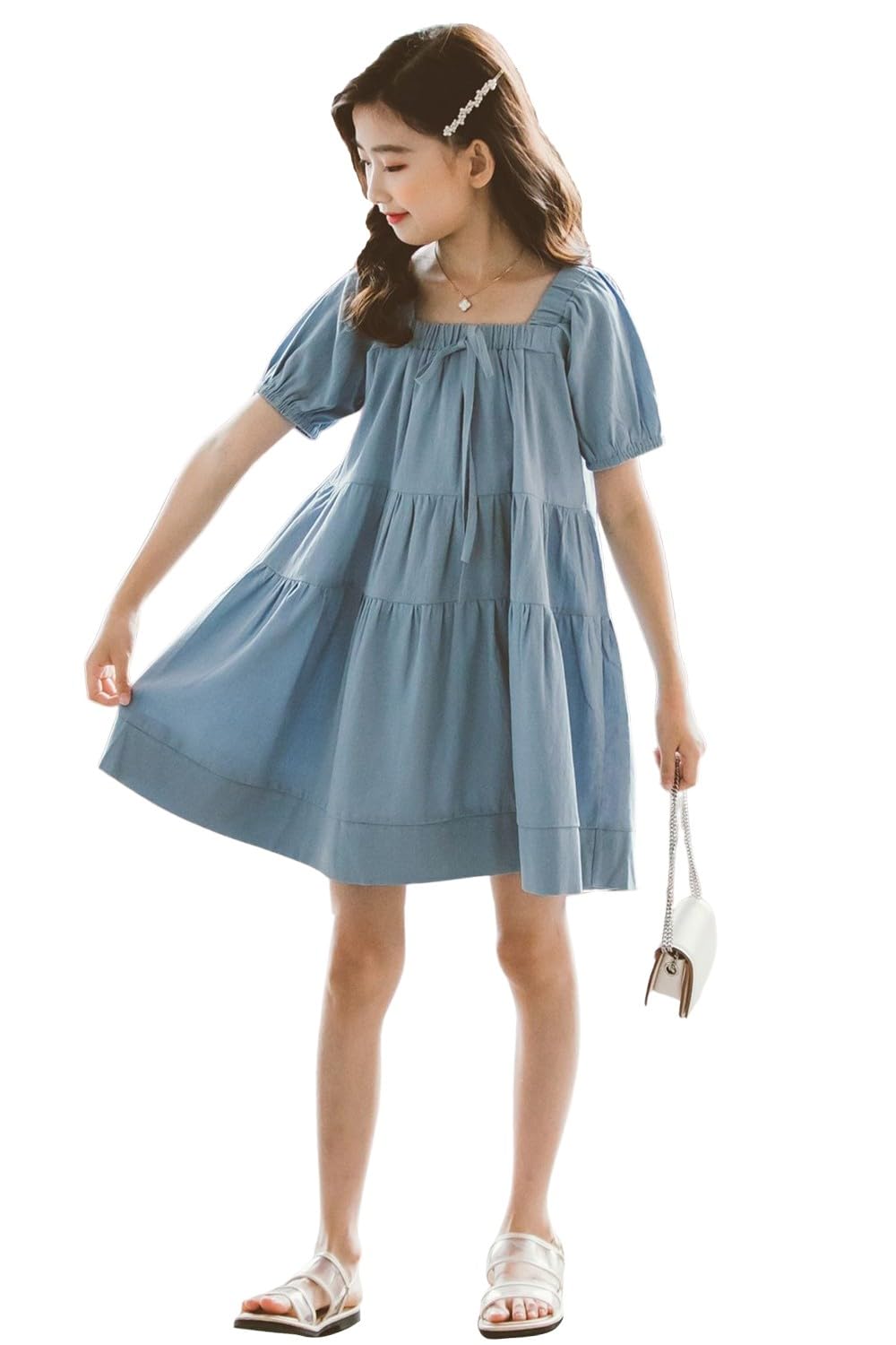 

Beveaya Summer Short Sleeve Flared Loose Summer Solid Perfect for Everyday Size 130 Girls Dress, A-Line, Fit, Ribbon, Kids Dress, Cute, Color, Wear, синий