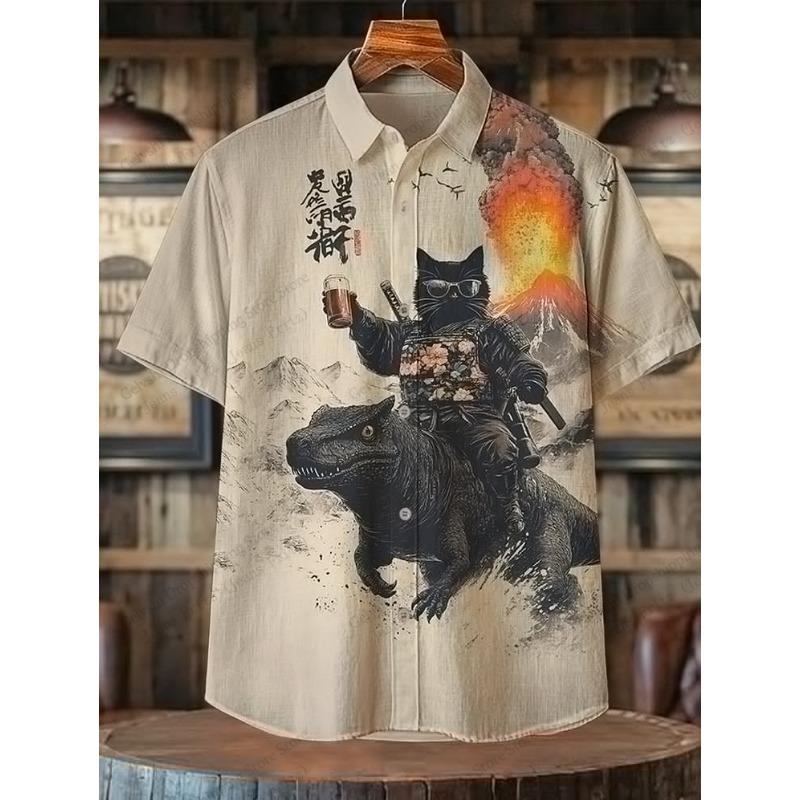 Modisches Herren Sommer Hawaiianhemd Vintage Kalligraphie Katze Dinosaurier 3D Druckhemd Kurzarm Lässige Strandhemden