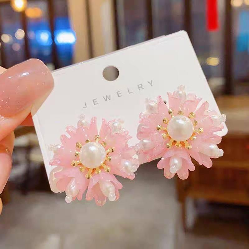 Крупные ретро-серьги-гвоздики с жемчужными лепестками Ландыша для девочек - Китайский стиль, свадебные
