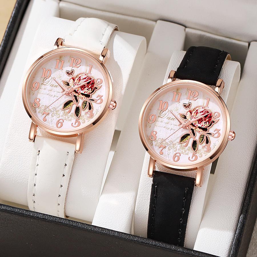 Damen PU-Lederarmband Uhr Pfingstrosen Zifferblatt Quarz Armbanduhr