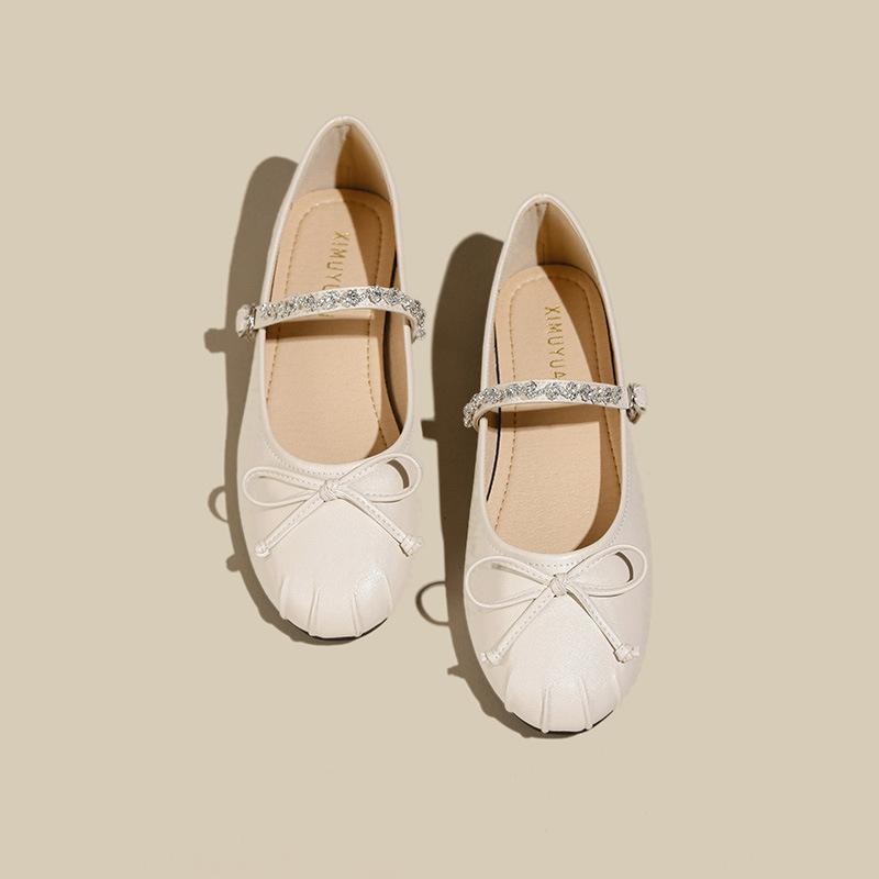 Fashion Crystal Beading Band Ballet Flats Women Bowtie Moccasins Soft Leather Pleated Round Toe Ballerina Shoes Woman Loafers Big Size43