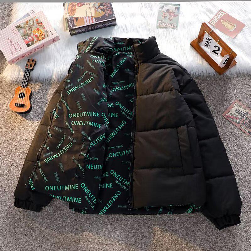 

Пальто унисекс из хлопка с двухсторонним принтом — модное, теплое, свободного кроя для осени и зимы M чёрный