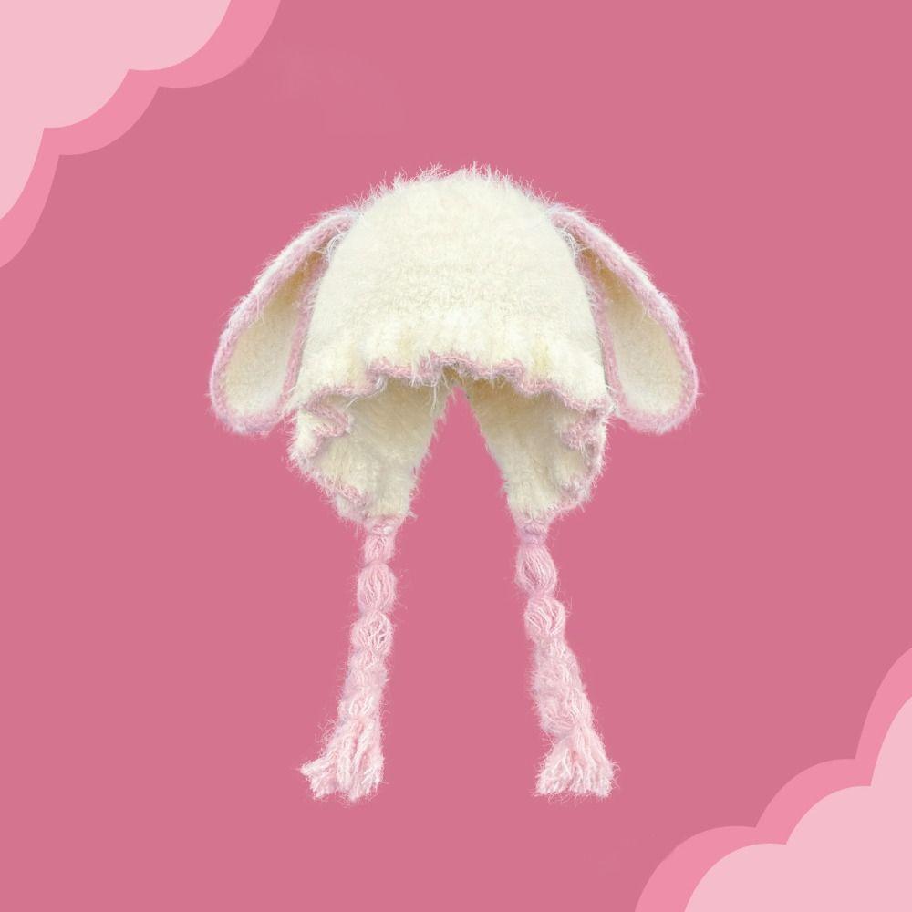 Fuzzy Texture Earflap Beanie Hat Braided Tassels Plush Winter Hat Bunny Ear Hat Autumn Wear
