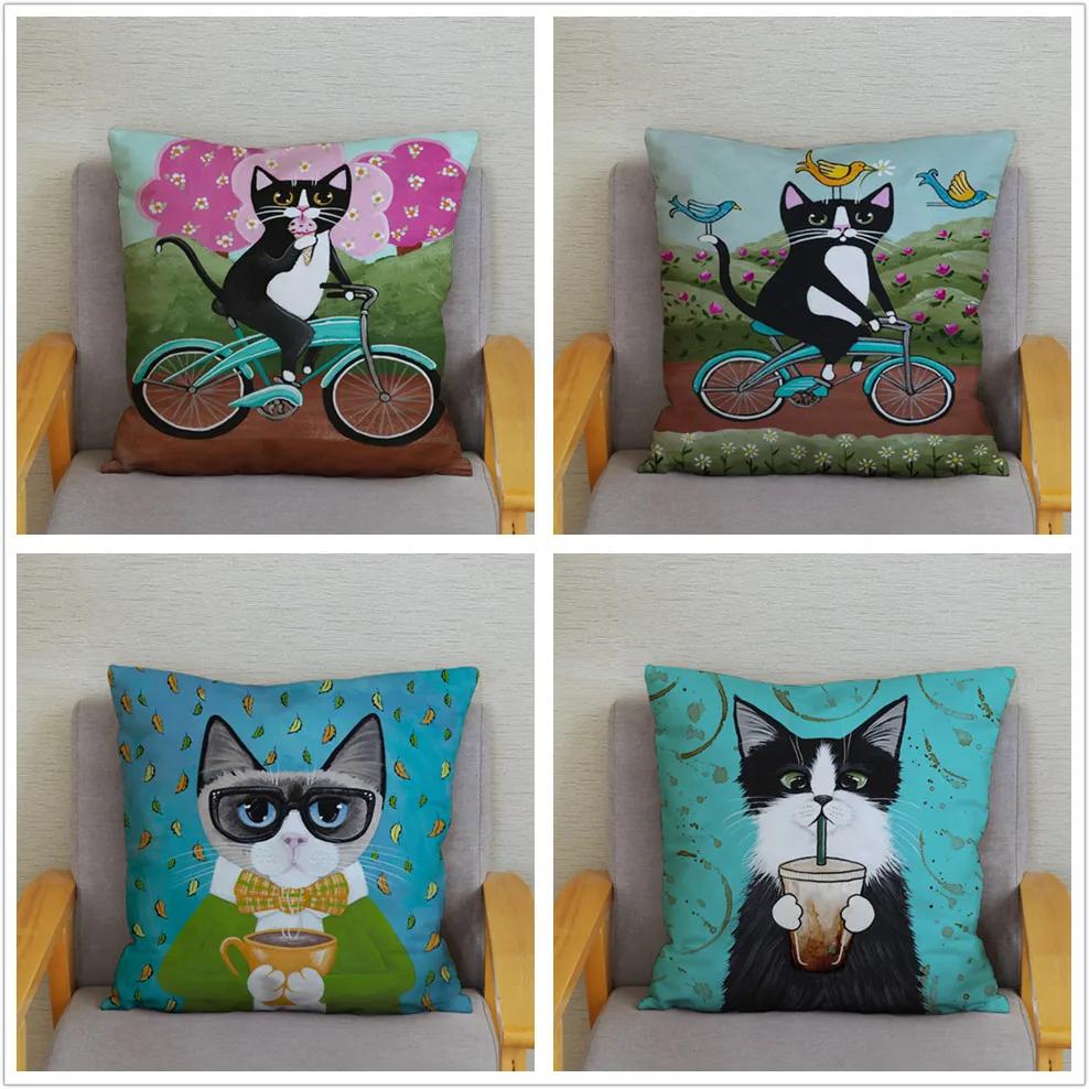 Cartoon Cycling Cat Print Cushion Cover Super Soft Pillowcase 45x45  Home Decor