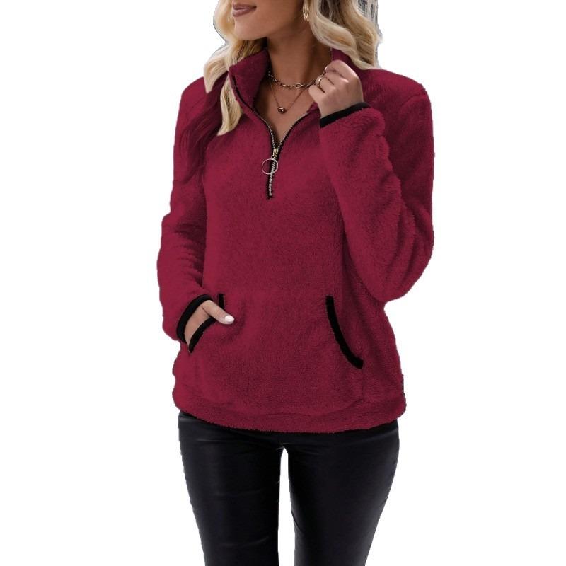 Women Half Zip Pocket Plush Hoodie Autumn Winter