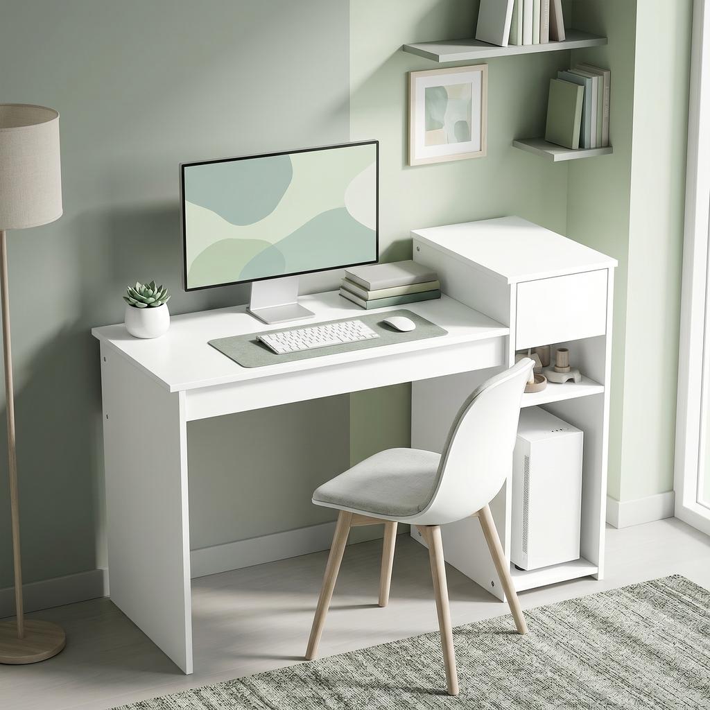 Computer Desk, Drawer and Shelf, CPU Holder, 108 x 50 x 82 cm, White