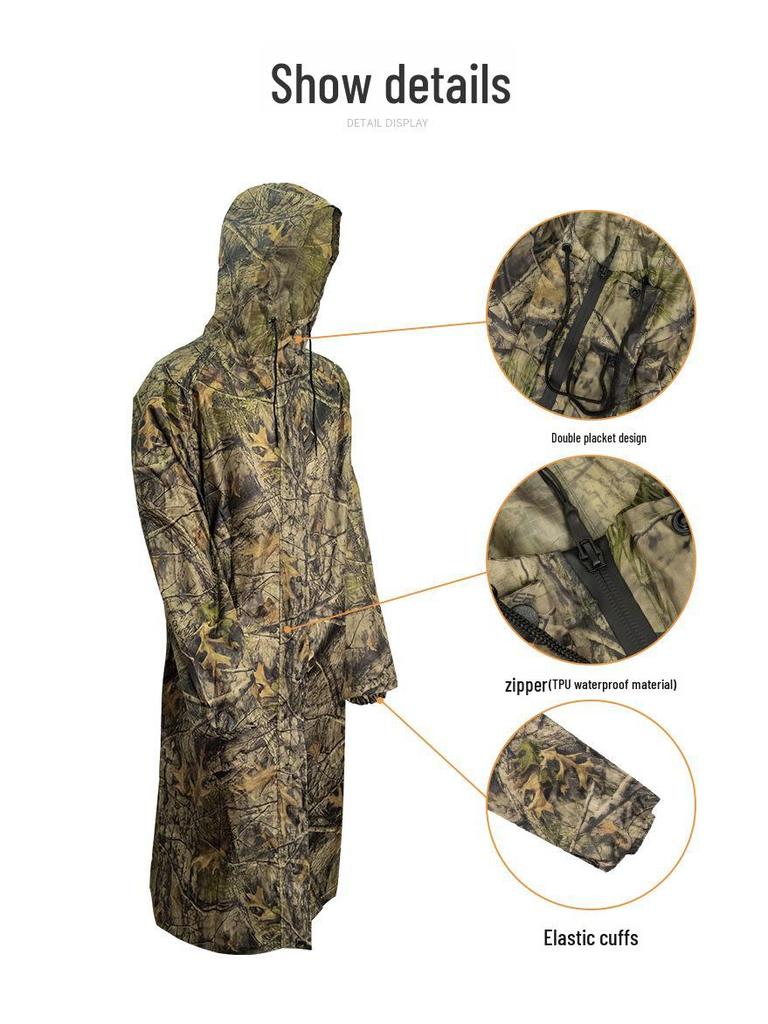 Adult Camouflage Waterproof Hiking Raincoat - Long, Lightweight, One-Piece with Reflective Strip